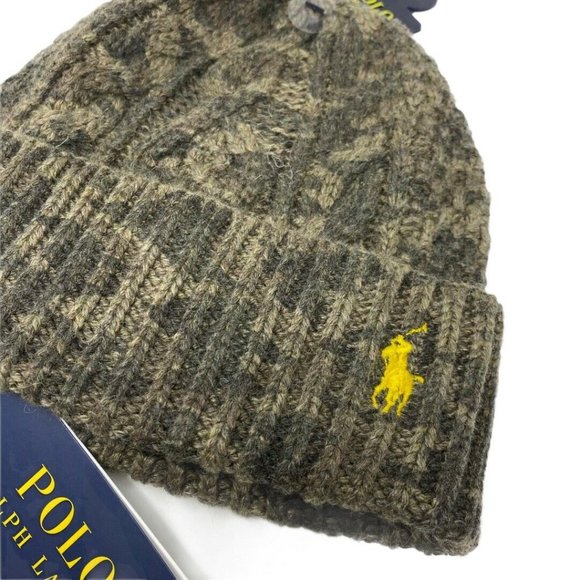 POLO RALPH LAUREN Camouflage Cable Knit Camo Beanie Hat Olive Green - Picture 8 of 12